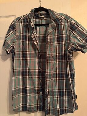 The North Face Men's Teal & Gray Plaid Short-Sleeve Button-Down Shirt